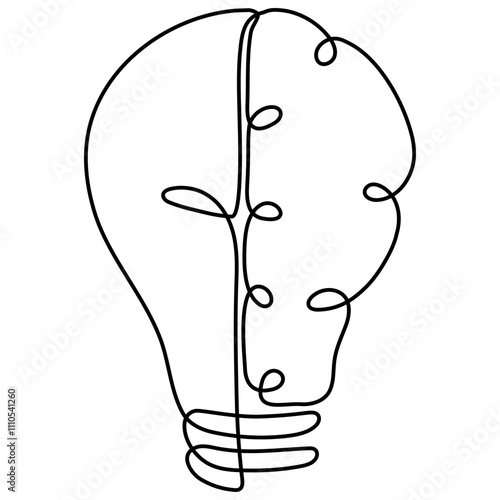 Half of light bulb and half of brain continuous line drawing. Insight and thinking symbol. Wisdom is power concept. Vector illustration isolated on white.
