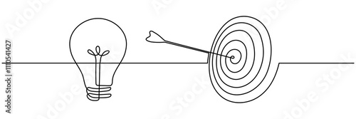 Lightbulb with target and arrow continuous one line drawing. Startup idea concept. Vector illustration isolated on white.