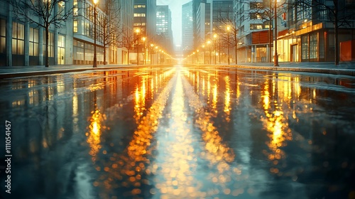 The illustration depicts a dark street scene with the dim glow of a street light casting hazy reflections of the surrounding buildings onto the wet pavement photo