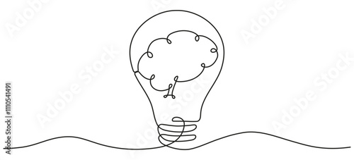 Human brain inside light bulb continuous line art drawing. Wisdom concept. Creative idea and insight  symbol. Vector illustration isolated on white.