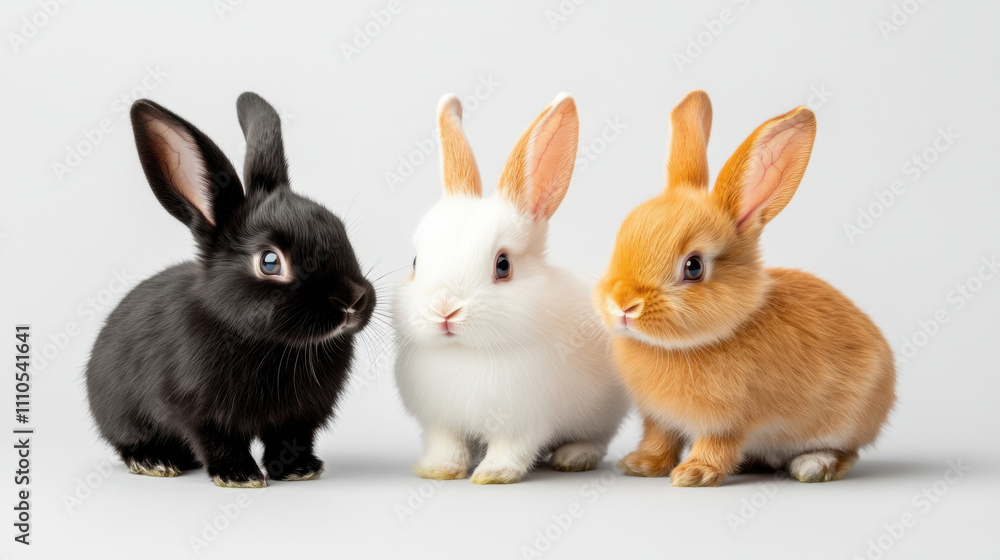 Diversity and unity, Three adorable baby rabbits in straight row, featuring black, white, and orange rabbit. Their playful expressions and fluffy fur create charming scene Diversity and unity, Three adorable baby rabbits in straight row, featuring black, white, and orange rabbit. Their playful expressions and fluffy fur create charming scene