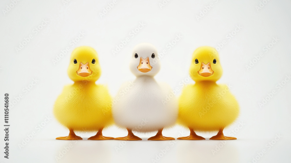 Diversity and unity, Three adorable ducklings standing in row, featuring two yellow and one white duckling, showcasing their fluffy feathers and bright eyes Diversity and unity, Three adorable ducklings standing in row, featuring two yellow and one white duckling, showcasing their fluffy feathers and bright eyes