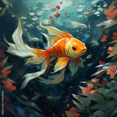 koi fish. Colorful fighting Siamese fish with beautiful silk tail isolated on black. Generative AI