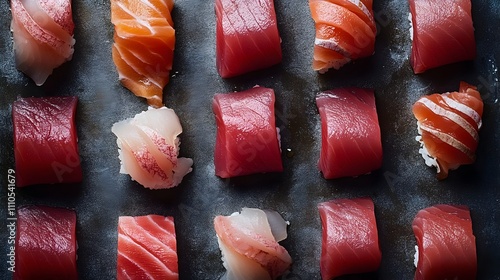 Artfully Arranged Sashimi on Textured Background Overhead Editorial Photography