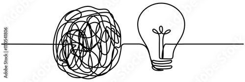 Chaotic lines with lightbulb continuous line drawing. Creative idea process. Mental health concept. Problem solving and idea search symbol. Vector illustration isolated on white.