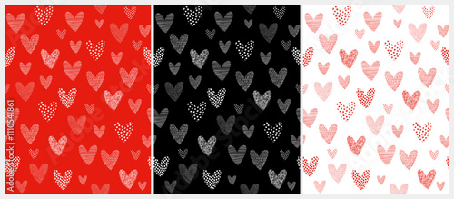 Cute Irregular Vector Pattern with Hand Drawn Hearts on a Red, Black and White Background. Funny Infantile Endless Print with Hearts. Childish Valentine's Day Pattern with Doodle Hearts. 