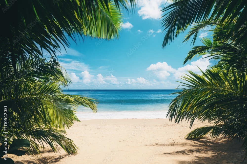 Obraz premium Beautiful tropical beach with clear ocean view framed by lush palm trees