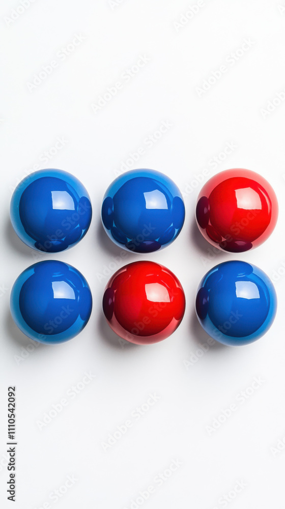 Diversity and unity, Five identical balls in row, four blue and one red, create striking visual contrast. glossy finish enhances their vibrant colors, making them stand out Diversity and unity, Five identical balls in row, four blue and one red, create striking visual contrast. glossy finish enhances their vibrant colors, making them stand out