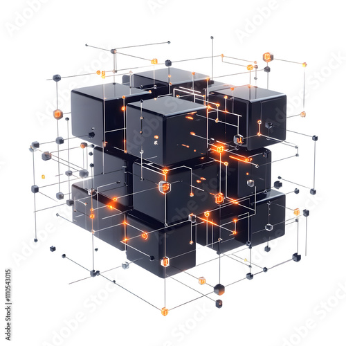 Fototapeta Naklejka Na Ścianę i Meble -  Complex structure of black interconnected cubes with glowing orange lines representing data flow and network connectivity on a transparent background