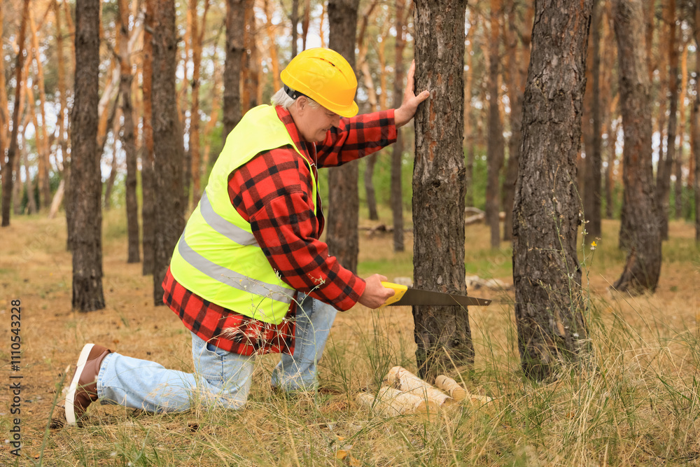 Senior forester sawing tree in forest Senior forester sawing tree in forest
