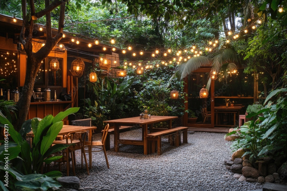 Obraz premium Cozy tropical garden restaurant illuminating with string lights at dusk