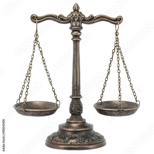 Bronze scales of justice on a clear background, representing law, order, and the legal system