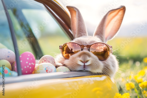 Cute Easter Bunny with sunglasses looking out of a car filed with easter eggs, Generative AI