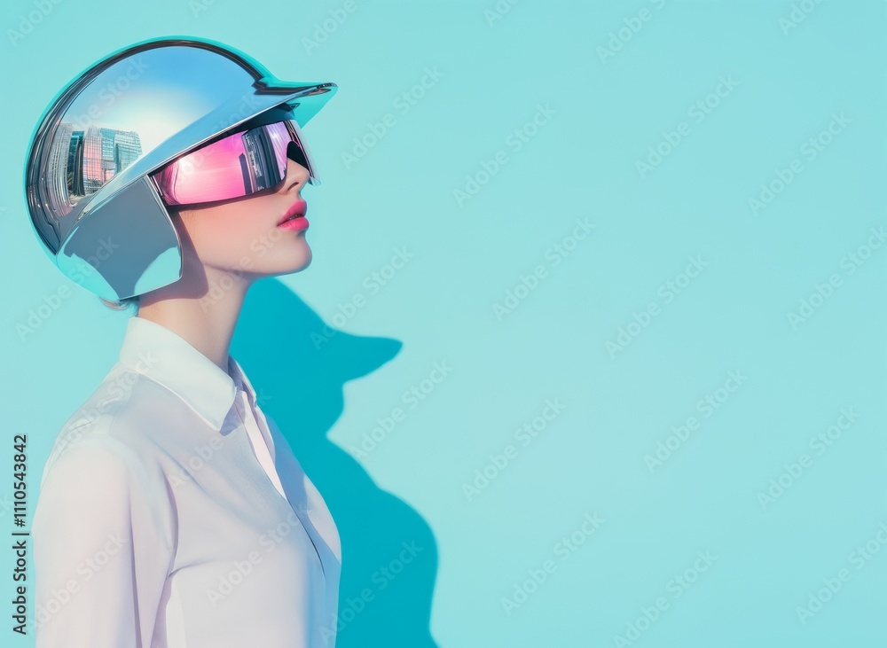 A woman in an all-white suit and pink lipstick, wearing a futuristic chrome helmet that covers her entire head. A woman in an all-white suit and pink lipstick, wearing a futuristic chrome helmet that covers her entire head.