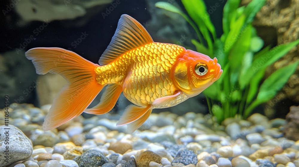 Vibrant orange goldfish swimming in aquarium. Vibrant orange goldfish swimming in aquarium.