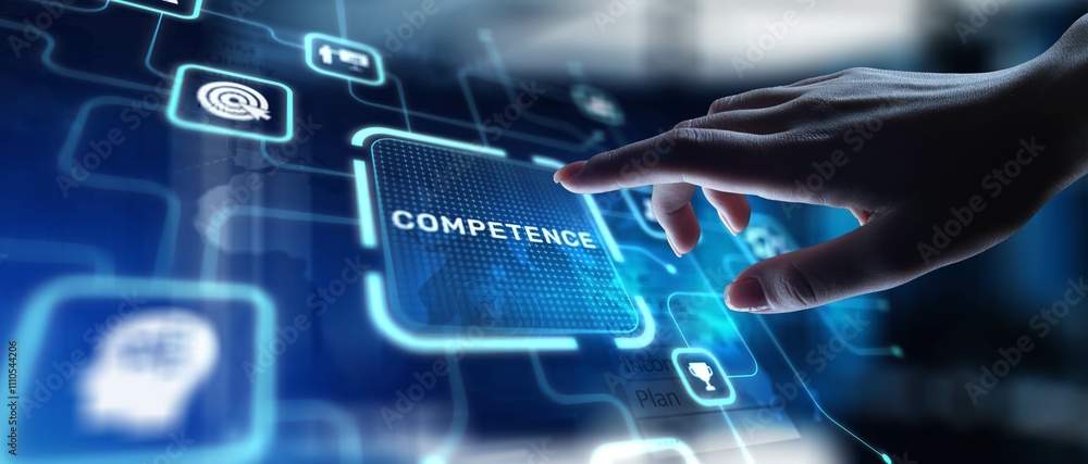 Obraz premium Competence Developing Skills and Expertise, projection on a virtual screen, Business and Technology Concept.