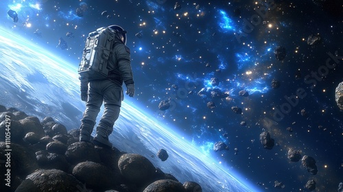 Astronaut Standing on Asteroid, Gazing at Cosmic Beauty with Colorful Nebulae and Stars in Outer Space, Capturing the Wonder of Astronomical Exploration and Adventure photo