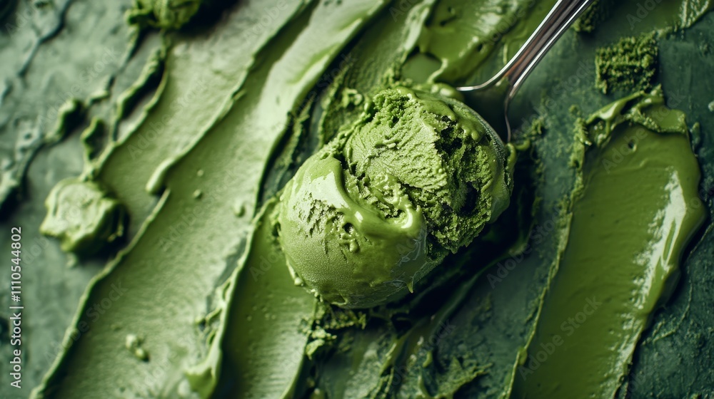 Obraz premium detailed matcha ice cream photography, silky frozen texture, metallic serving tool, vibrant green hues, gourmet food styling, studio lighting, abstract dessert composition