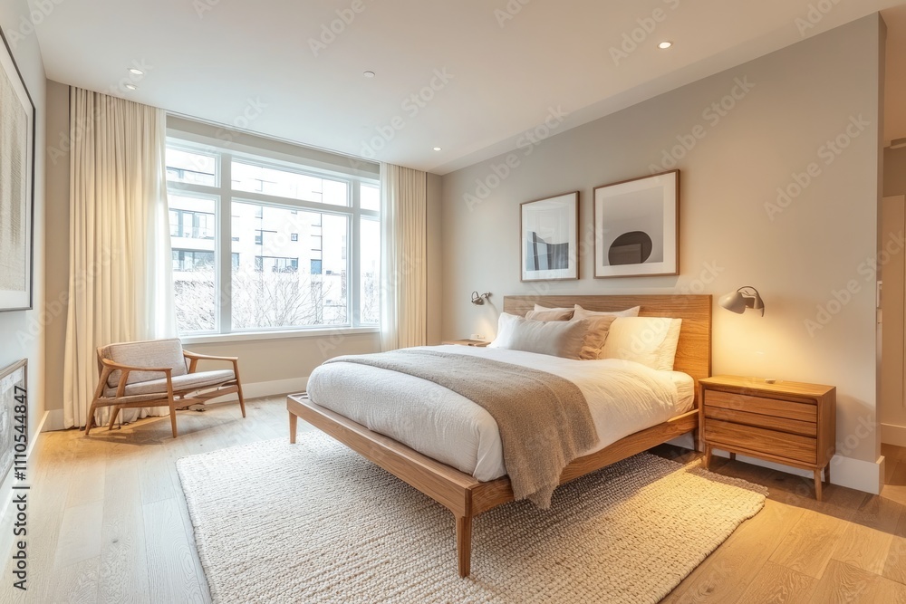 Fototapeta premium Modern minimalist bedroom with natural light enhancing cozy ambiance