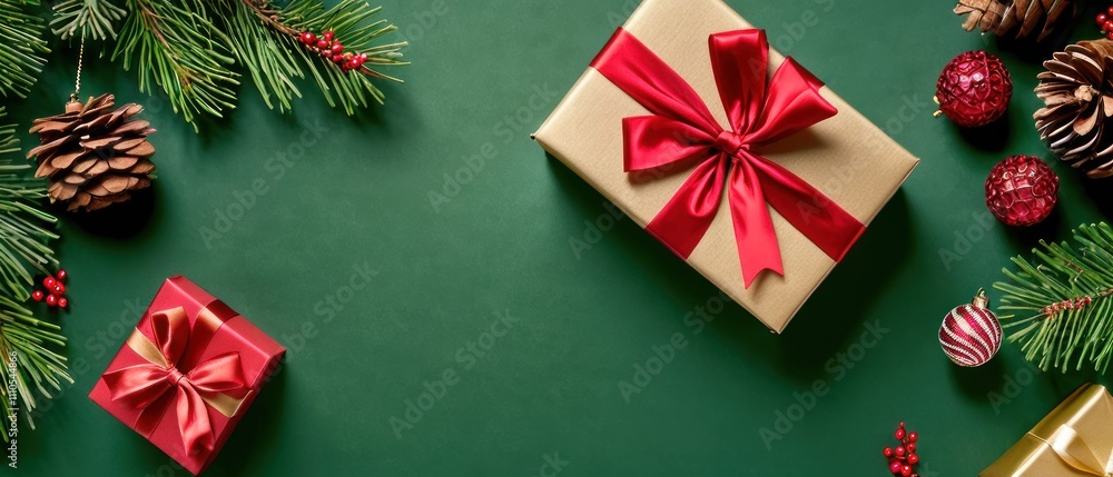 Christmas gifts and decorations on a festive table with a Christmas tree in the background Christmas gifts and decorations on a festive table with a Christmas tree in the background