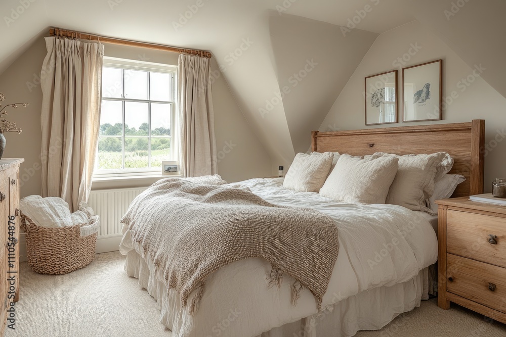 Cozy bedroom interior design featuring natural materials and neutral colors with a view of nature Cozy bedroom interior design featuring natural materials and neutral colors with a view of nature