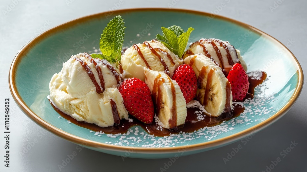 elegant banana split dessert, triple ice cream scoops, fresh sliced strawberries, whipped cream dollops, mint garnish, caramel drizzle, turquoise ceramic plate, light grey surface, food styling, soft elegant banana split dessert, triple ice cream scoops, fresh sliced strawberries, whipped cream dollops, mint garnish, caramel drizzle, turquoise ceramic plate, light grey surface, food styling, soft