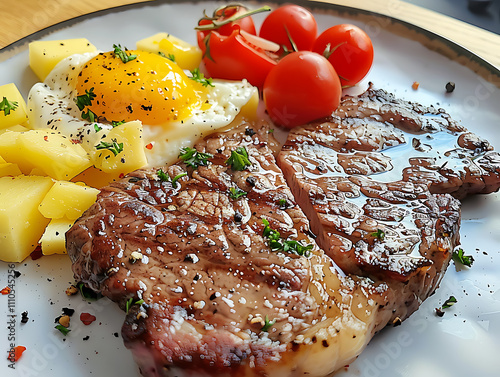 food photography, homemade, delicious photo of perfect steak and eggs breakfast with homemade hash browns, captured on samsung galaxy s ultra, pinned on pinterest photo