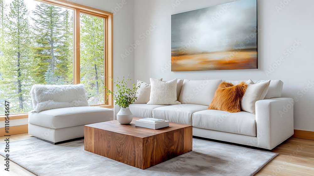 Fototapeta premium The modern luxury living room interior design in minimalistic Scandinavian style features clean lines, natural materials such as wood and leather, neutral color palette with pops of muted colors