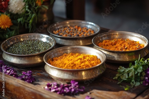 Colorful spices and herbs resting in metal bowls on wooden table photo