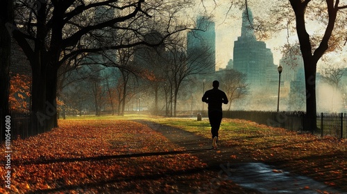 Wallpaper Mural Man jogging in autumn park with city skyline. Torontodigital.ca