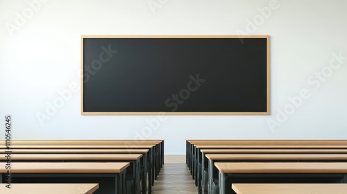 Empty Classroom with Chalkboard and Desks Arranged Neatly