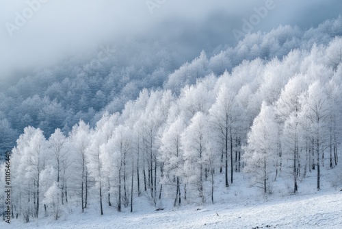 Winter wonderland: hoarfrost covering trees on a misty mountainside photo