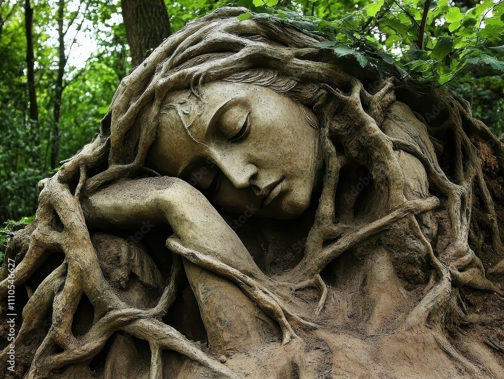 Human vs Nature Concept. A serene sculpture of a woman entwined with roots, symbolizing a deep connection to nature and tranquility among lush greenery. Human vs Nature Concept. A serene sculpture of a woman entwined with roots, symbolizing a deep connection to nature and tranquility among lush greenery.
