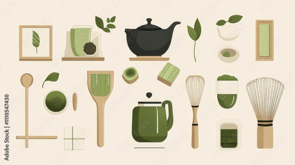 modern matcha products collection artwork, flat design aesthetic, muted earth tones, traditional tea implements, sweet treats, beverage vessels, clean linework, illustrative food icons modern matcha products collection artwork, flat design aesthetic, muted earth tones, traditional tea implements, sweet treats, beverage vessels, clean linework, illustrative food icons