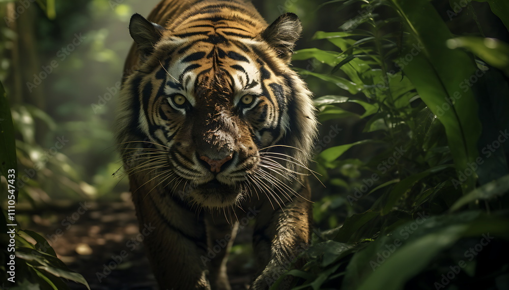 Fototapeta premium beautiful asian tiger with lush green habitat background. Generative AI