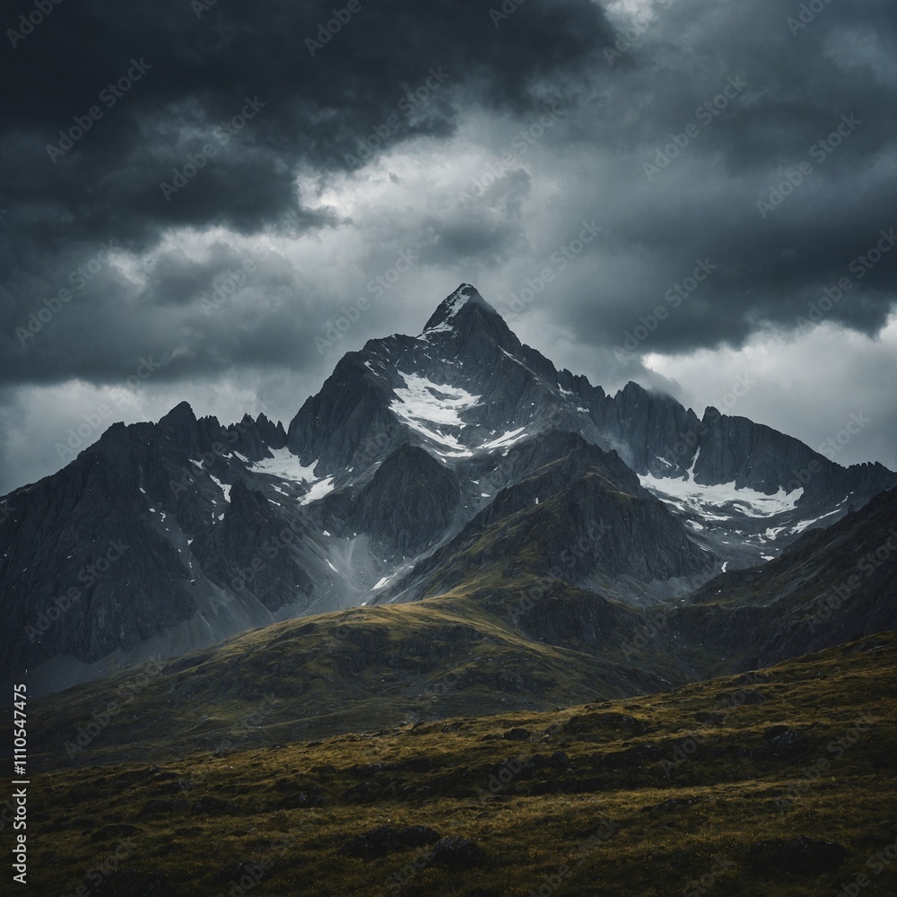 A dramatic view of peaks emerging from stormy clouds. A dramatic view of peaks emerging from stormy clouds.