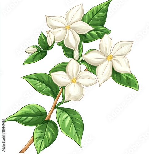 Here's a and keyword list suitable for stock photo submission.. White jasmine flowers and green leaves on a branch.