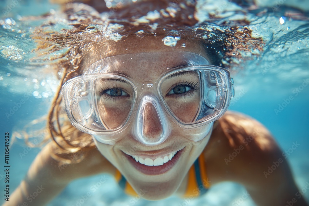 Fototapeta premium Happy girl enjoying snorkeling underwater in a clear blue ocean on a sunny day