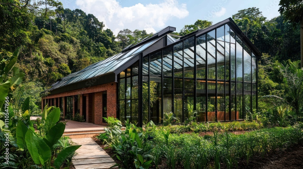 Modern glass greenhouse nestled in lush greenery.