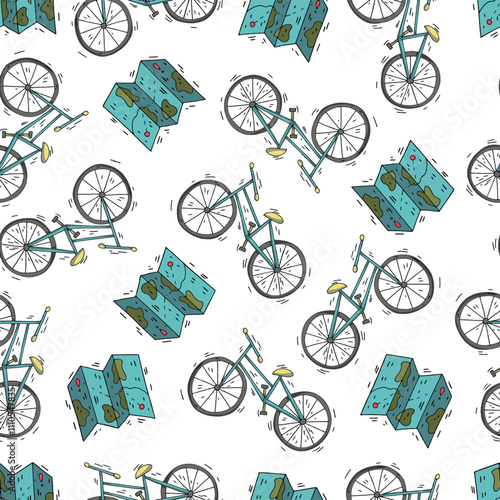 adventure tourism, travel . doodle style flat illustration. cartoon colorful vector pattern.	