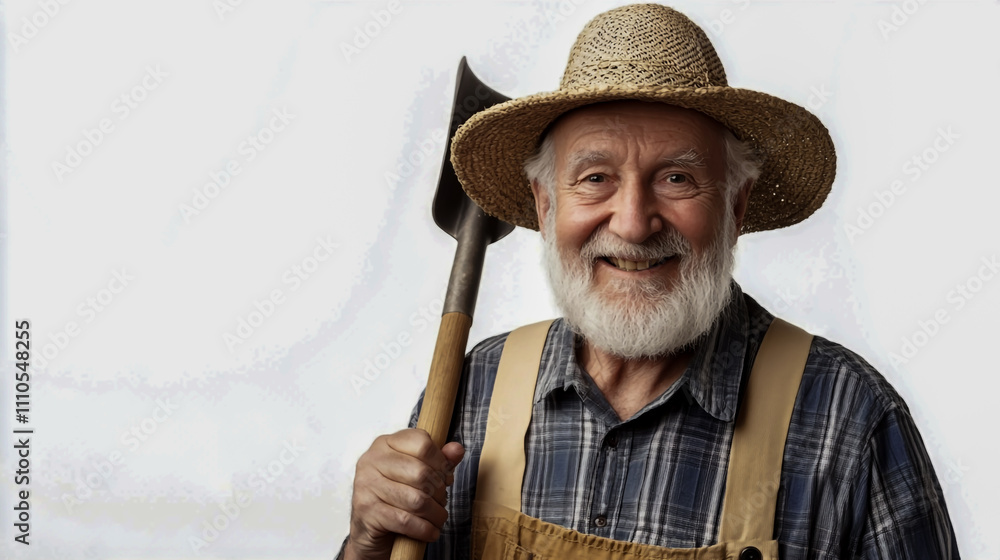 Fototapeta premium Cheerful elderly man in farmer attire poses with a shovel against isolated on white background.