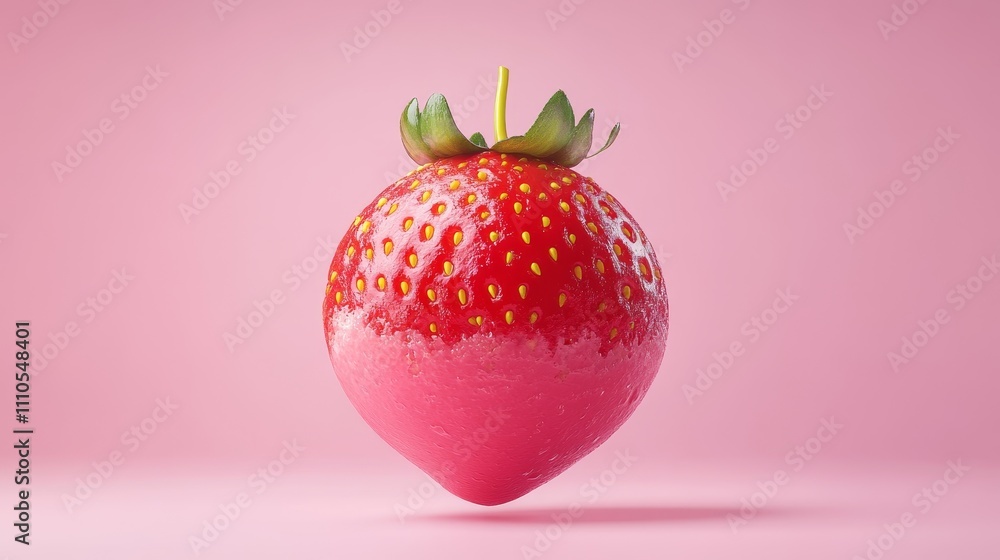 spherical hybrid strawberry creation, half fresh berry half ice cream, floating design, yellow seed details, vibrant red tones, pastel pink background, 3d rendering, photorealistic style, food spherical hybrid strawberry creation, half fresh berry half ice cream, floating design, yellow seed details, vibrant red tones, pastel pink background, 3d rendering, photorealistic style, food