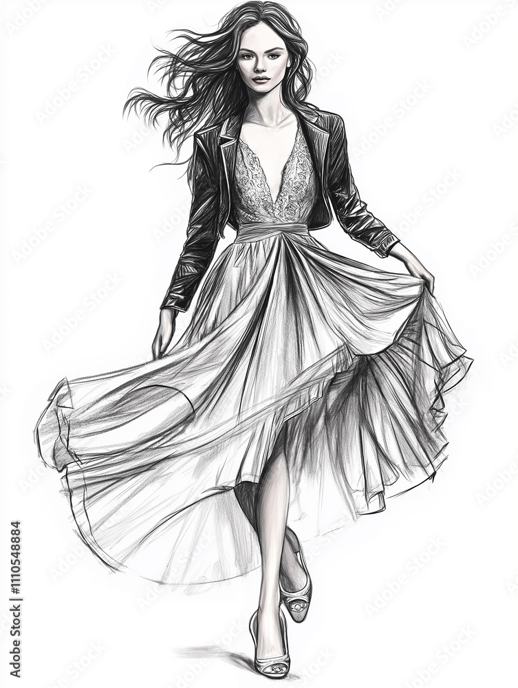Beautiful fashion model in an elegant dress, pencil sketch style, white background, full body, long hair and jacket, flowing skirt, high heels, soft lighting, sketching style Beautiful fashion model in an elegant dress, pencil sketch style, white background, full body, long hair and jacket, flowing skirt, high heels, soft lighting, sketching style