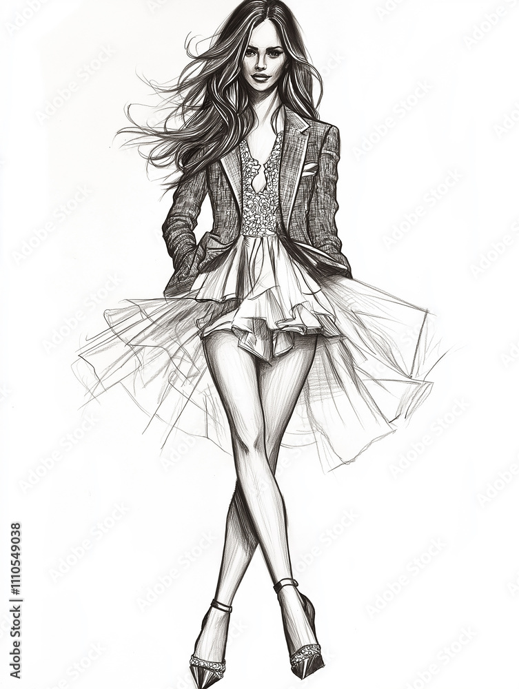 Beautiful fashion model in an elegant dress, pencil sketch style, white background, full body, long hair and jacket, flowing skirt, high heels, soft lighting, sketching style Beautiful fashion model in an elegant dress, pencil sketch style, white background, full body, long hair and jacket, flowing skirt, high heels, soft lighting, sketching style
