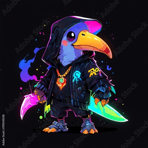 Neon Toucan Gangster: A vibrant digital illustration of a toucan dressed in streetwear, wielding glowing blades. photo