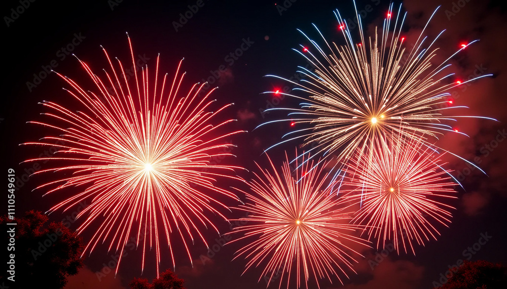 Naklejka premium Fireworks background with vibrant red, blue, and gold explosions