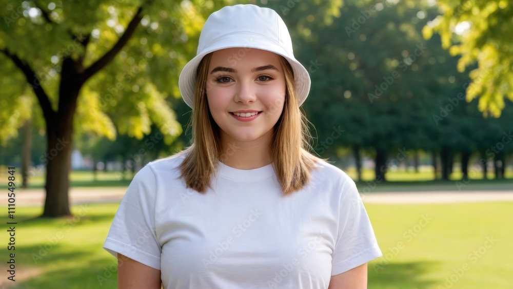 Plus size teenage girl with short hair wearing white t-shirt and white bucket hat standing in the park Plus size teenage girl with short hair wearing white t-shirt and white bucket hat standing in the park