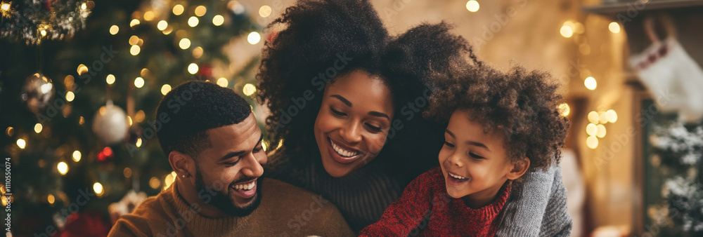 Joyful Family Portrait at Christmas: Warm Embrace Beside Glowing Tree Decorative Holiday Banner Joyful Family Portrait at Christmas: Warm Embrace Beside Glowing Tree Decorative Holiday Banner