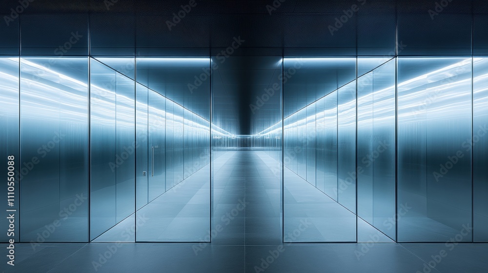 Modern Minimalist Hallway Interior with Futuristic Lighting and Sleek Glass Walls, Creating an Ambience of Serenity and Spaciousness in a Contemporary Environment Modern Minimalist Hallway Interior with Futuristic Lighting and Sleek Glass Walls, Creating an Ambience of Serenity and Spaciousness in a Contemporary Environment