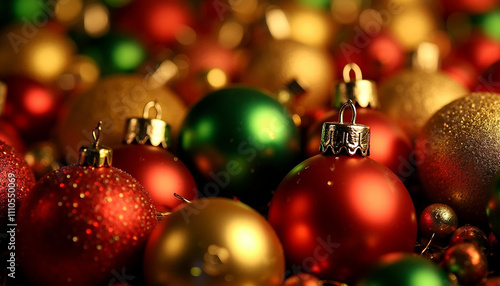 Glittering Christmas ornaments in red, green, and gold close-up